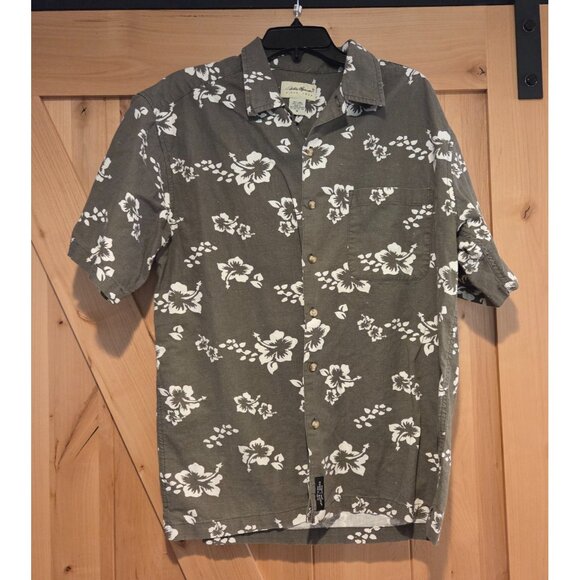Eddie Bauer Shirt Mens M Green White Floral Hawaiian Button Up Linen Cotton - Picture 1 of 12